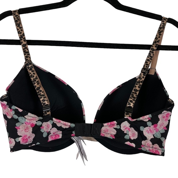 VICTORIA'S SECRET PUSH UP Black Pink Floral Leopard Print Underwire Bra 34DD - Picture 6 of 16